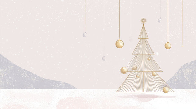 Illustration minimaliste moderne de No&euml;l avec sapin stylis&eacute; et ornements dor&eacute;s