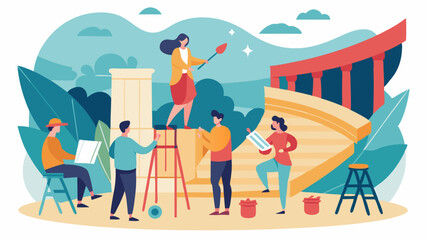 A group of artists can be seen setting up their easels and painting the amphitheater and its surroundings.