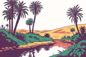Desert oasis with palm trees and water reflections