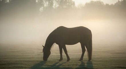 A Majestic Horse Grazing in a Misty Meadow at Dawn, Surrounded by Shimmering Fog and Soft Light, Capturing the Serenity of Nature in Early Morning