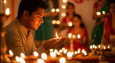 A Young South Asian Man in Traditional Attire Lighting a Diya During a Festive Celebration Surrounded by Women in Colorful Dresses with Twinkling Lights
