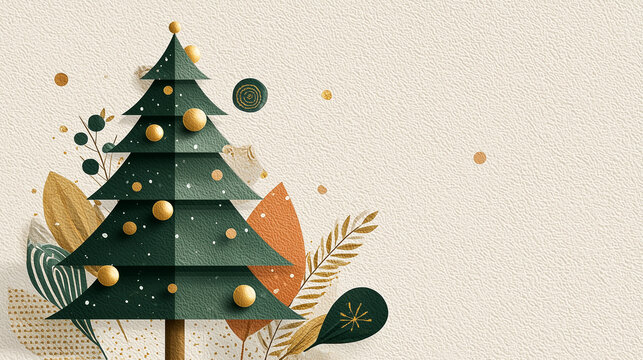 Illustration minimaliste moderne de No&euml;l avec sapin stylis&eacute; et ornements dor&eacute;s