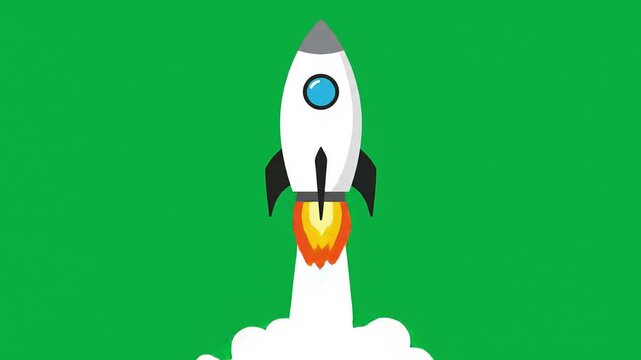 Animated rocket launch sequence on green screen representing business startup suitable for explainer video, promotional content, advertising material, presentation template, educational resource
