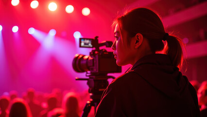 Focused photographer captures vibrant concert scene with colorful stage lights illuminating crowd