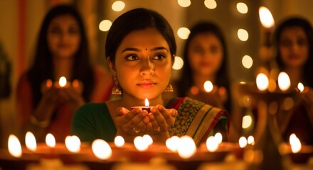A young South Asian woman celebrating a traditional festival, illuminated by soft candlelight, surrounded by other women holding lamps, creating a warm festive atmosphere in a decorated setting.