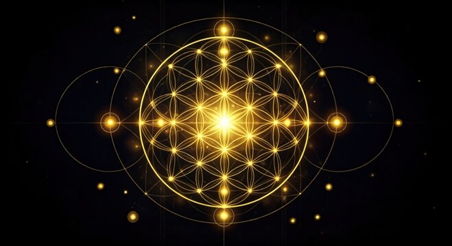 A captivating golden geometric design featuring a flower of life pattern radiating bright light, set against a dark background, emphasizing intricate shapes and spiritual symbolism.