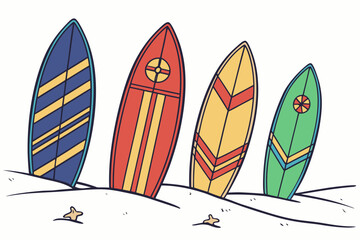 Four colorful surfboards on a sandy beach ocean summer