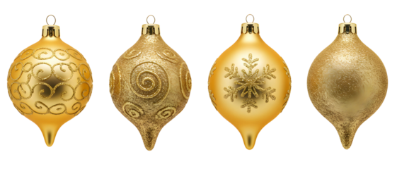 Set of golden Christmas ornaments with intricate patterns. Isolated on transparent background, png