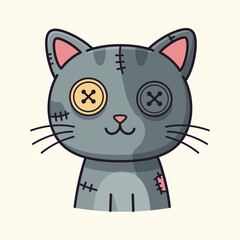 Playful Hand Stitched Cat Character Illustration with Button Eyes and Whimsical Design