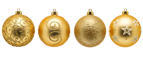 set of ornate gold Christmas ball ornaments with unique patterns. Isolated on transparent background, png