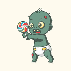 Cute Zombie Baby Holding Colorful Swirl Lollipop With Cartoon Halloween Celebration Theme
