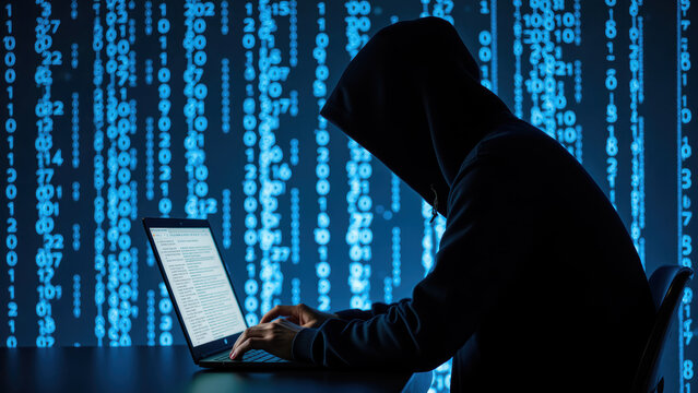 Person in hoodie works on laptop, surrounded by backdrop of glowing binary code, creating mysterious and tech savvy atmosphere