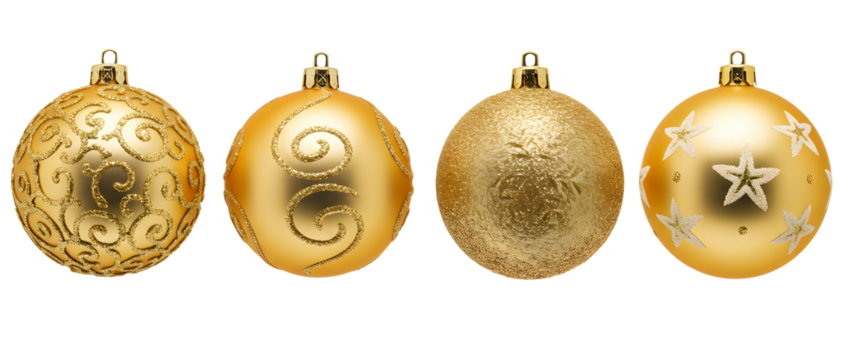 set of ornate gold Christmas ball ornaments with unique patterns. Isolated on transparent background, png - Powered by Adobe