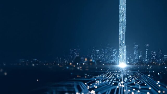 Digital arrow rising above city silhouette representing growth concept