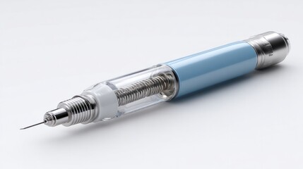 Fototapeta premium A photorealistic, high-detail 3D render of a medical injection pen (such as an insulin or auto-injector pen), shown in a disassembled or cutaway view to reveal the complex internal mechanism. The devi