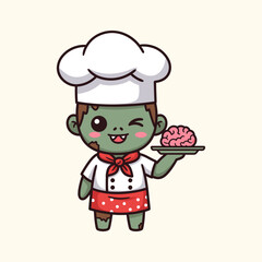 Zombie Chef Presenting A Brain Dish An Animated Adorable Illustration For Halloween And Cooking