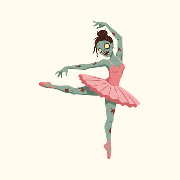 Zombie Ballerina In Graceful Pose Dancing Despite Undead State And Decomposition