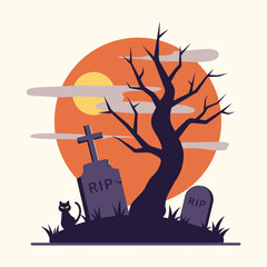 Spooky Night Silhouette Scene Featuring Tombstones Beneath a Large Moon and Bare Tree