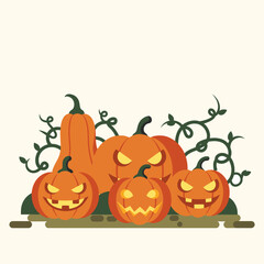 Spooky Pumpkin Patch With Vines Flat Vector Illustration Background For Halloween Theme