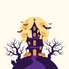 Spooky House With Bat Silhouettes Against The Backdrop Of A Harvest Moon For Halloween Day