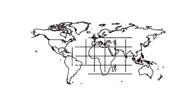 World map grid visualizing global geography continents in a simplified line art ideal for educational materials and geographical studies.