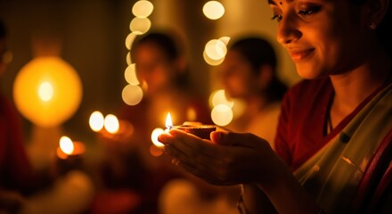A young South Asian woman holding a lit oil lamp in her hands, surrounded by soft ambient lighting and festive decorations during a traditional celebration.