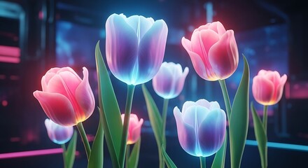 Floral display, futuristic tulips blooming with glowing light and technology