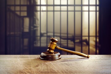 Wooden gavel on a table with a blurred background of institutional bars, representing the judicial...
