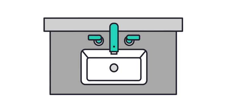 Bathroom sink with teal faucet and handles clean design for interior decor websites promoting modern amenities and minimalist bathroom renovations.