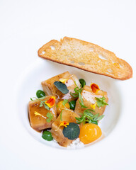 Seared scallops plated with vegetable purée and herbs.Elegant gourmet dish featuring seared scallops served with colorful vegetable purées.