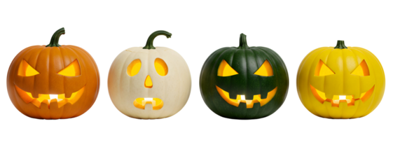 A colorful collection of four carved Halloween Jack-o'-lanterns glowing. Isolated on transparent background, png