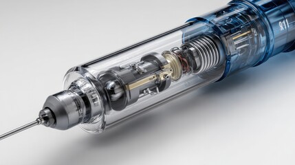 A photorealistic, high-detail 3D render of a medical injection pen (such as an insulin or auto-injector pen), shown in a disassembled or cutaway view to reveal the complex internal mechanism. The devi