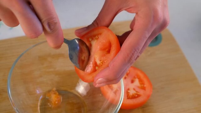 Chef cooking removing tomato seeds deseeding vegetable half over glass bowl.