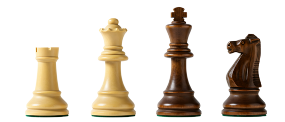 A set of four wooden chess pieces, including the king, queen, rook, and knight, lined up. Isolated on transparent background, png