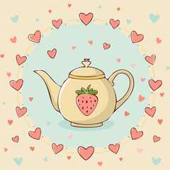 Cute teapot with a strawberry design, surrounded by pink and red hearts. Sweet romantic illustration, perfect for tea lovers, Valentine’s Day, and cozy decor