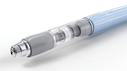 A photorealistic, high-detail 3D render of a medical injection pen (such as an insulin or auto-injector pen), shown in a disassembled or cutaway view to reveal the complex internal mechanism. The devi