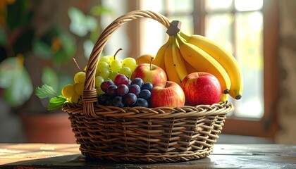 Fruit Basket Still Life Featuring Apples Bananas Grapes on Wooden Table With Window View Rustic Charm and Warm Lighting Ideal Food Photography