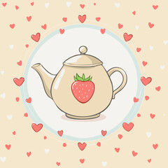 Cute teapot with a strawberry design, surrounded by pink and red hearts. Sweet romantic illustration, perfect for tea lovers, Valentine’s Day, and cozy decor