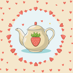 Cute teapot with a strawberry design, surrounded by pink and red hearts. Sweet romantic illustration, perfect for tea lovers, Valentine’s Day, and cozy decor