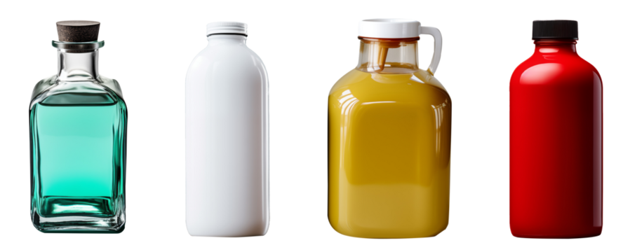 Four modern bottles in different colors and textures containing various liquids and juices captured with high detail and isolated on transparent background