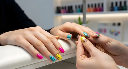 Close up of hands receiving a manicure with colorful and patterned nail art in a nail salon setting