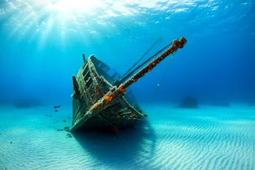 Fotobehang Schipbreuk Sunken Ship Resting on the Ocean Floor Exploring Underwater Wreckage in Bright Sunlight  © Varos