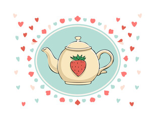 Cute teapot with a strawberry design, surrounded by pink and red hearts. Sweet romantic illustration, perfect for tea lovers, Valentine’s Day, and cozy decor