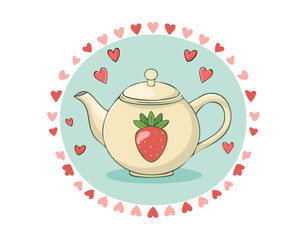 Cute teapot with a strawberry design, surrounded by pink and red hearts. Sweet romantic illustration, perfect for tea lovers, Valentine’s Day, and cozy decor
