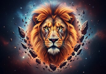 Fototapeta premium Majestic lions head with a fiery mane, surrounded by floating rocks and cosmic nebula, symbolizing power and the zodiac sign leo