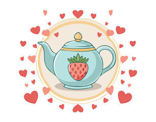 Cute teapot with a strawberry design, surrounded by pink and red hearts. Sweet romantic illustration, perfect for tea lovers, Valentine’s Day, and cozy decor