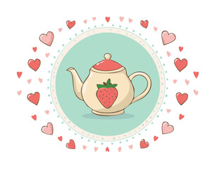 Cute teapot with a strawberry design, surrounded by pink and red hearts. Sweet romantic illustration, perfect for tea lovers, Valentine’s Day, and cozy decor