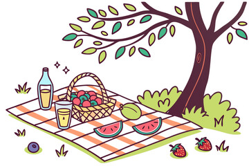 Fototapeta premium Picnic setup with fruits drinks and blanket under a tree