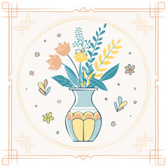 Beautiful hand-drawn vase with flowers in pastel colors, surrounded by decorative hearts and blossoms. Elegant floral illustration perfect for decor, cards, and prints