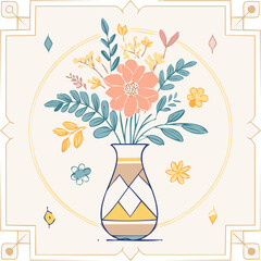 Beautiful hand-drawn vase with flowers in pastel colors, surrounded by decorative hearts and blossoms. Elegant floral illustration perfect for decor, cards, and prints